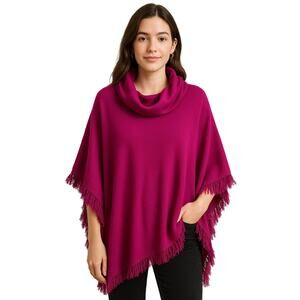Chico’s Magenta Fringe Poncho | Cozy Cowl Neck S/M Vibe Check